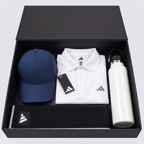 Personalised adidas golf gift box with polo, cap, towel and bottle