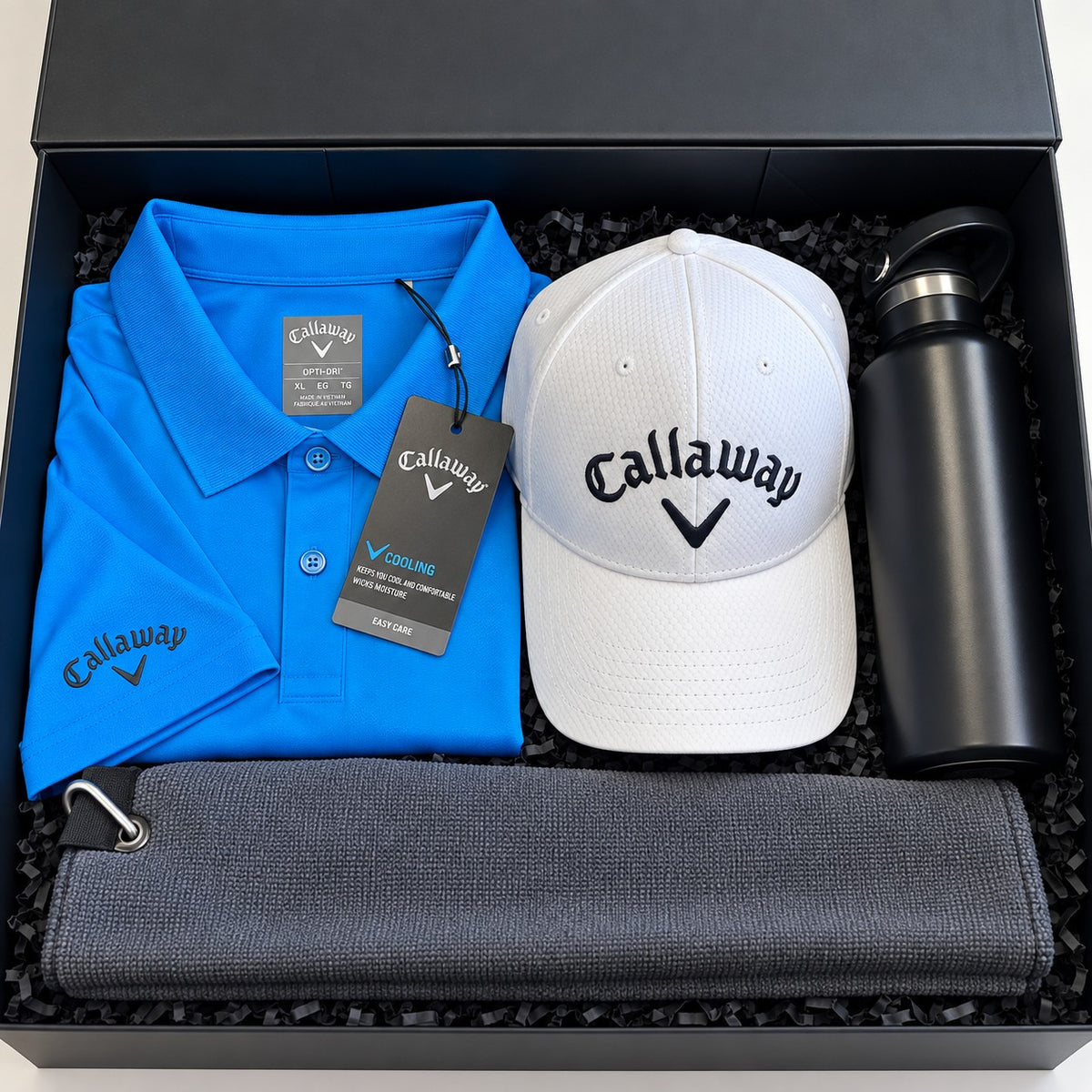 Personalised Callaway golf gift box with polo, cap, towel and bottle