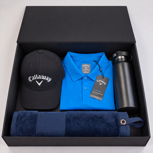 Personalised Callaway golf gift box with polo, black Callaway golf cap, navy velour towel and bottle