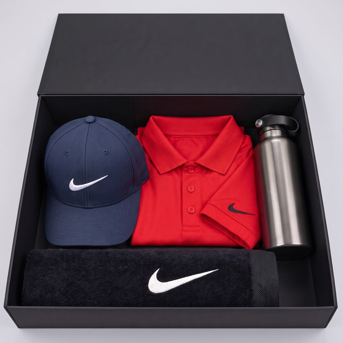 Personalised Nike golf gift box with polo, cap, towel and bottle