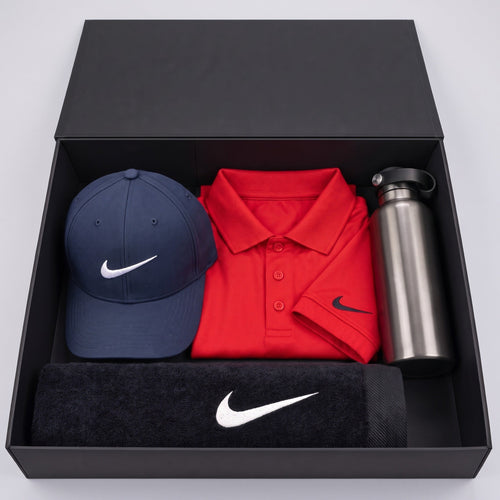 Personalised Nike golf gift box with polo, cap, towel and bottle